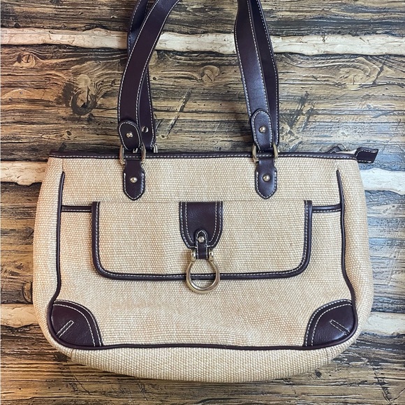 Etienne Aigner woven tan jute handbag with burgundy trim - Picture 7 of 16